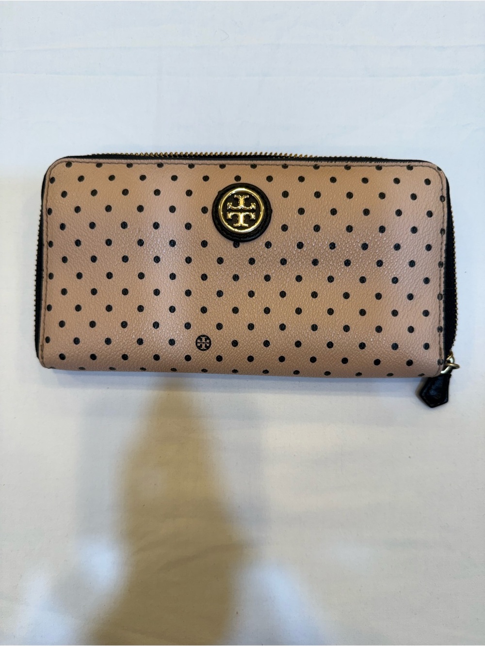 Tory Burch Blush Pink Polka Dot Zip Wallet with Gold Logo